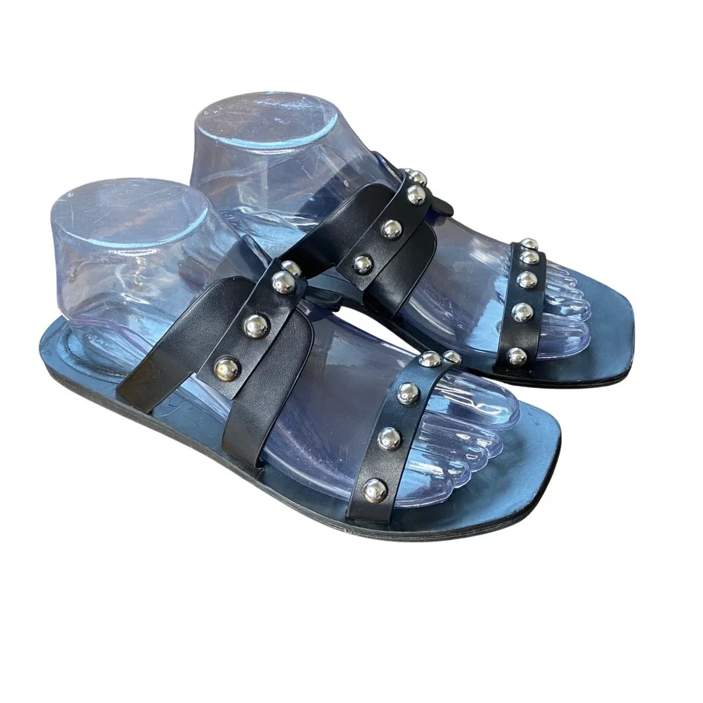 Marc Fisher Black Leather Studded Square Toe Flat Slide Sandals Silver Studs 8M